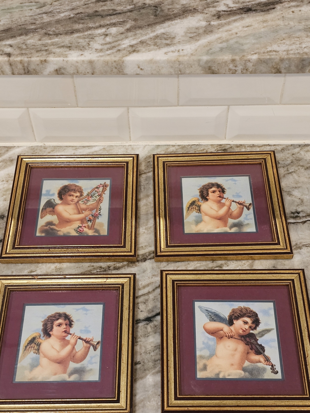 Gold Framed Cherub Wall Art Set with Plum Mat - Musicians HOMCO 7"×7"